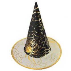 Raganas cepure melna ar zelta zirnekļiem 55/57 Halloween bērniem pieaugušajiem