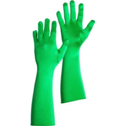 Zaļi 40 cm garie cimdi dāmai elastīga koši zaļa satīna pieaugušo sieviešu Halloween Halovīni 